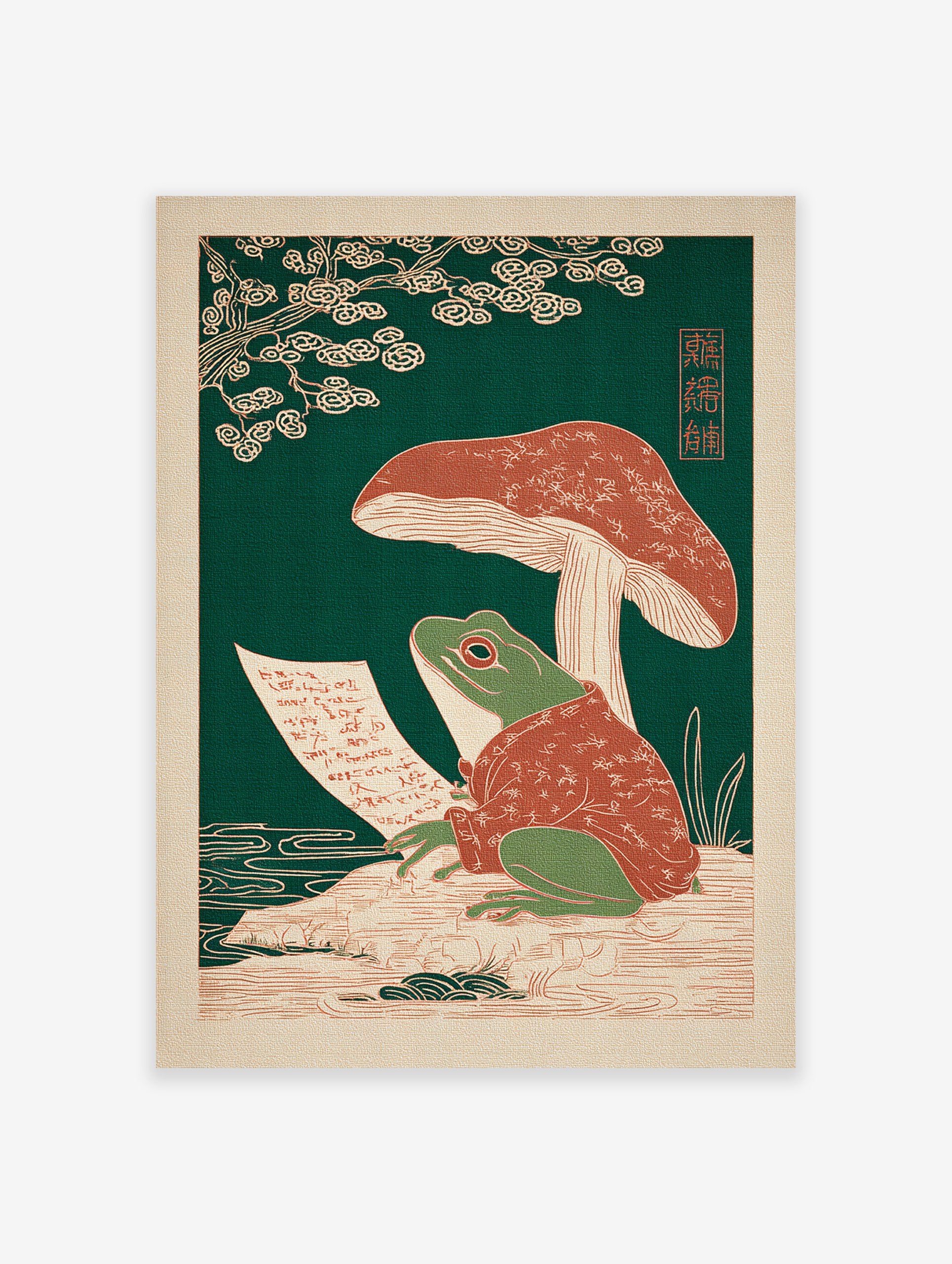 Japanese frog art print featuring a green frog in a red robe writing on a scroll under a mushroom with a green background.
