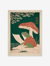 Japanese frog art print featuring a green frog in a red robe writing on a scroll under a mushroom with a green background.