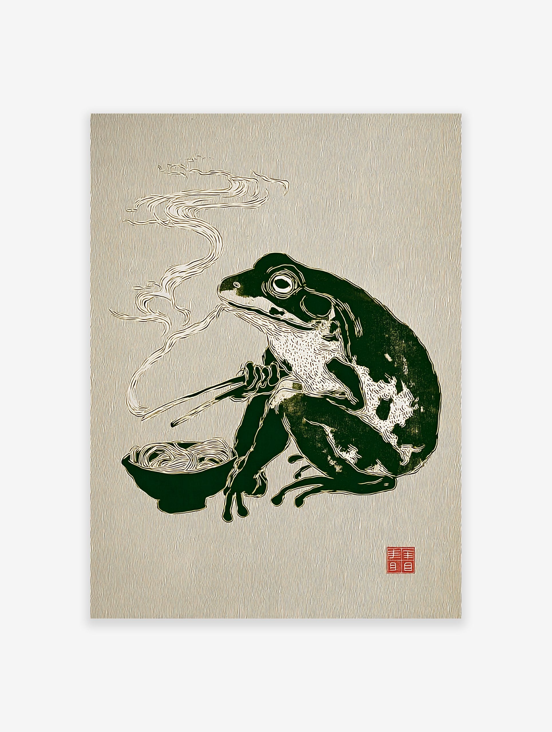 Illustrative Japanese frog art print of a dark green frog eating ramen noodles with chopsticks, with steam rising.