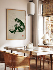 Illustrative Japanese frog art print of a dark green frog eating ramen noodles with chopsticks, with steam rising. - Image 3