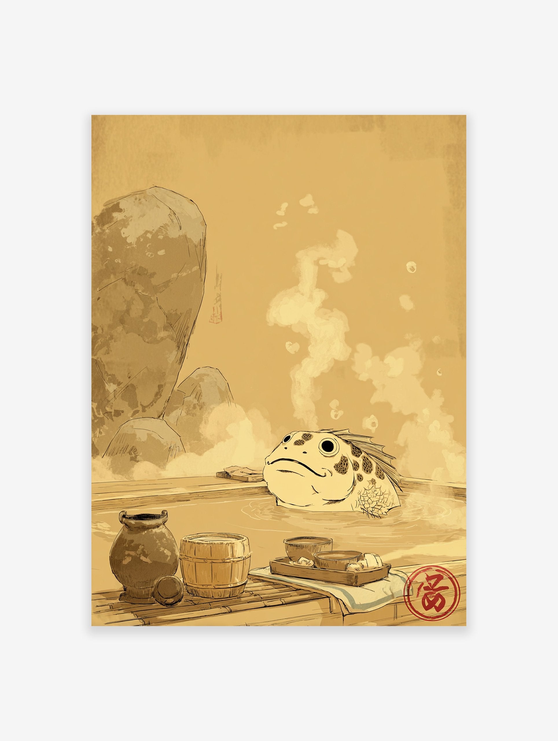 Japanese frog in a hot spring illustration, surrounded by steam, rocks, and traditional items in earthy tones.