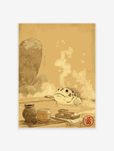 Japanese frog in a hot spring illustration, surrounded by steam, rocks, and traditional items in earthy tones.