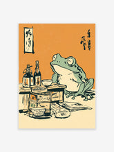 Japanese Frog Wall Art illustration of a frog at a table with food and drink, in a vintage Ukiyo-e style.