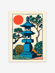 Japanese garden woodblock print with blue lantern, red sun, and green pine trees on a cream background.