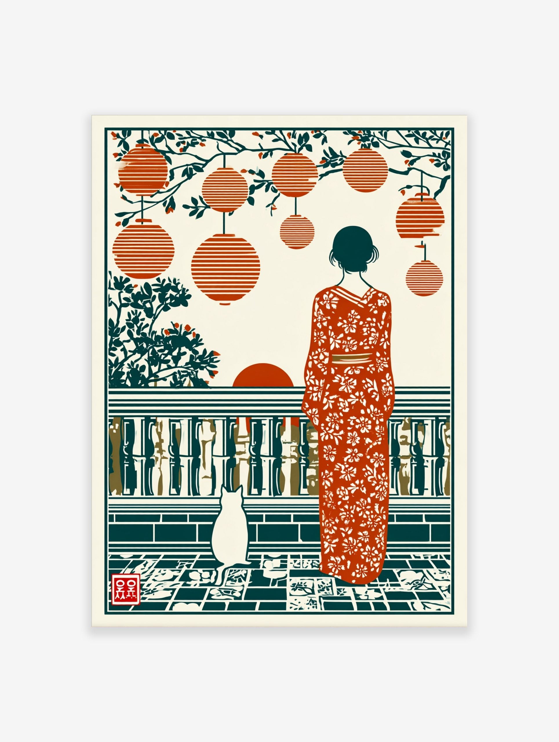 Illustrative print of a woman in floral kimono with a cat, lanterns, and sunset on a tiled patio
