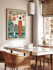 Illustrative print of a woman in floral kimono with a cat, lanterns, and sunset on a tiled patio, in a styled room mockup