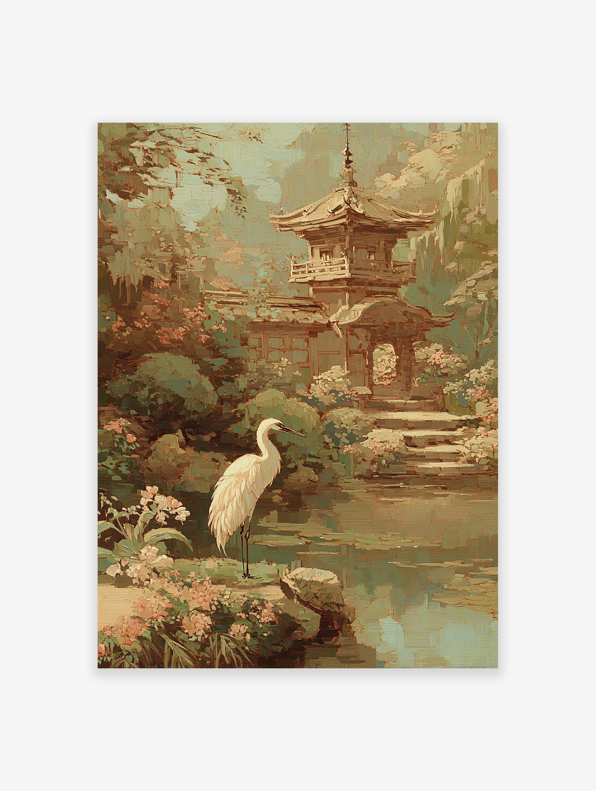 Impressionistic Japanese garden wall art featuring a white egret by a pond, a traditional pagoda, and lush green and pink foliage.