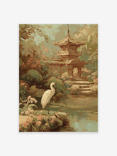 Impressionistic Japanese garden wall art featuring a white egret by a pond, a traditional pagoda, and lush green and pink foliage.