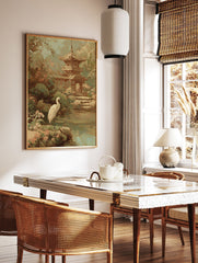 Impressionistic Japanese garden wall art featuring a white egret by a pond, a traditional pagoda, and lush green and pink foliage. - Image 2