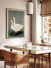 Japanese woodblock print of two white geese with orange beaks and feet on a muted greenish-grey background. - Image 3