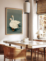 Two white geese in a pond, depicted in a traditional Japanese illustration style with a green-grey background. - Image 3
