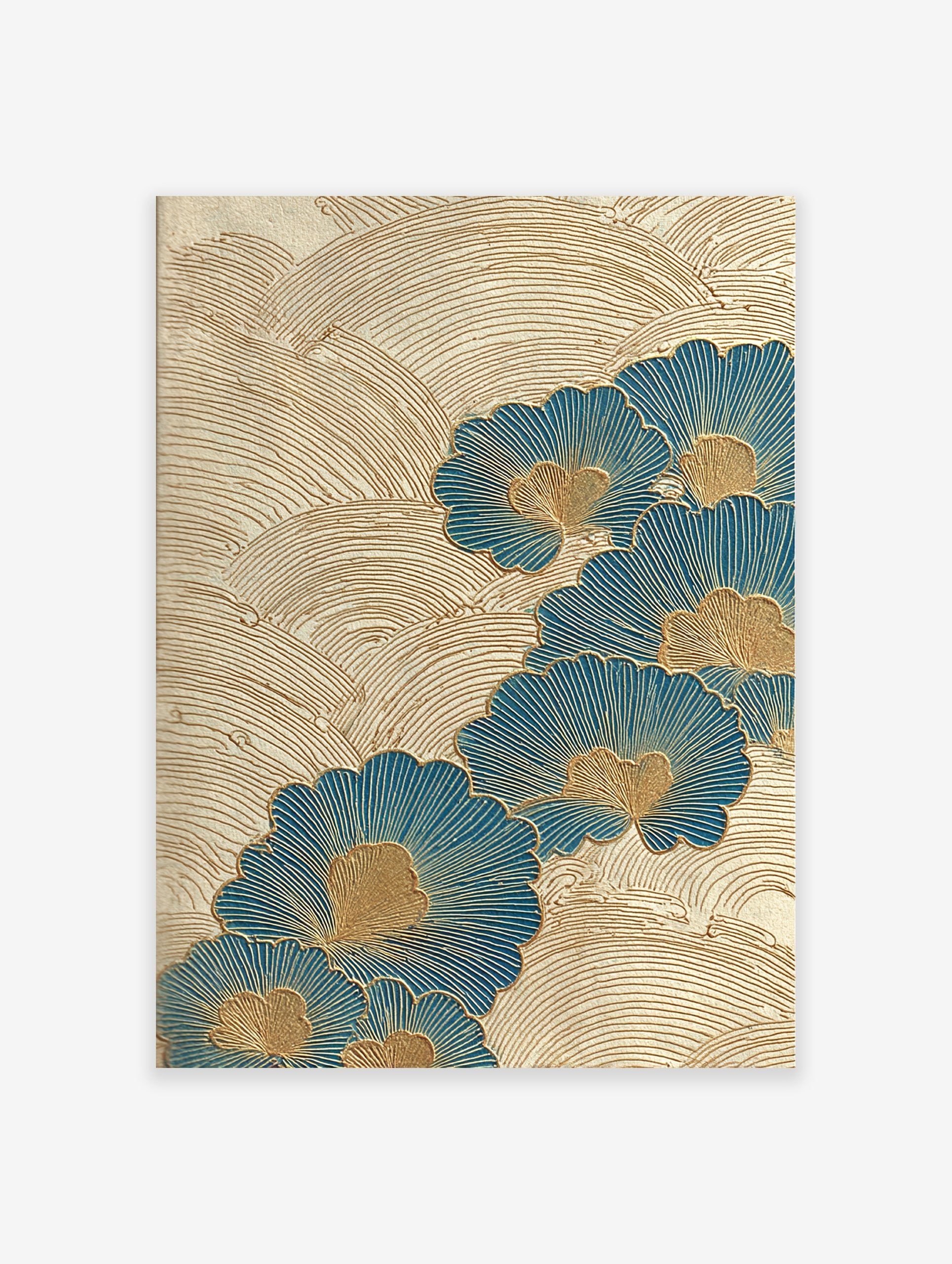 Japanese ginkgo leaf wall art with blue and gold fan-shaped leaves and textured gold wave patterns on a light background.