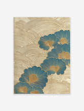 Japanese ginkgo leaf wall art with blue and gold fan-shaped leaves and textured gold wave patterns on a light background.