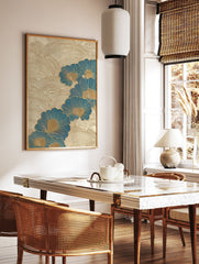 Japanese ginkgo leaf wall art with blue and gold fan-shaped leaves and textured gold wave patterns on a light background. - Image 2