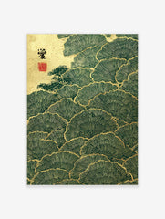 Japanese ginkgo leaf wall art with deep green fan-shaped foliage, golden outlines, and a textured gold background with kanji