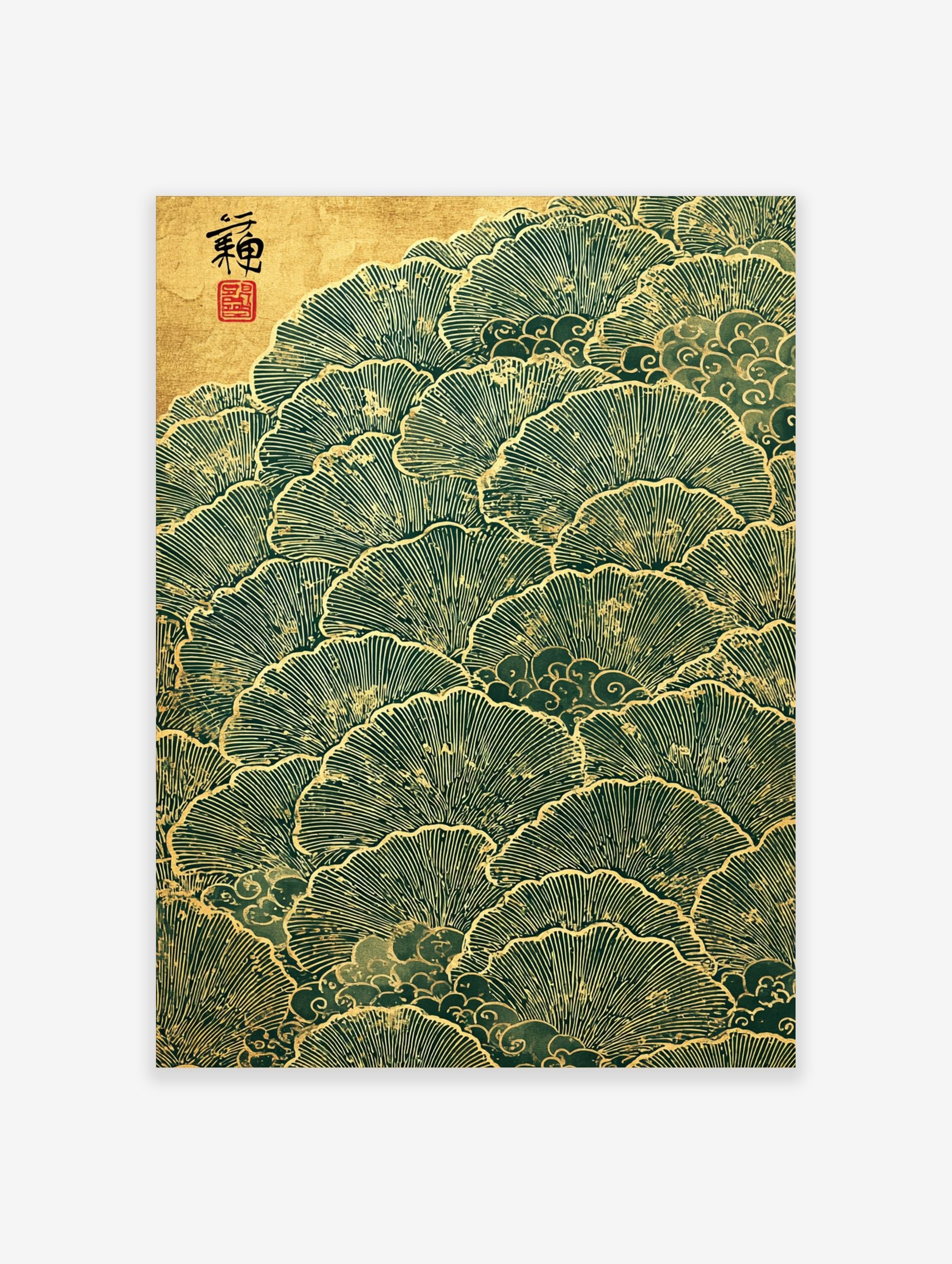 Stylised Japanese ginkgo leaves in green and gold, overlapping in a pattern with cloud motifs and a kanji character