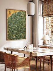 Stylised Japanese ginkgo leaves in green and gold, overlapping in a pattern with cloud motifs and a, in a styled room mockup