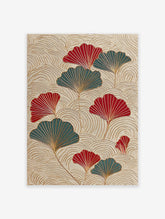 Japanese ginkgo leaf wall art print with red and teal fan-shaped leaves on a textured beige background with gold lines.