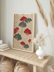 Japanese ginkgo leaf wall art print with red and teal fan-shaped leaves on a textured beige background with gold lines. - Image 3