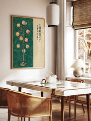 Vintage Japanese illustrative art print of a globe tree with orange, green, and beige spheres on a, in a styled room mockup