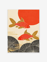 Japanese Goldfish Poster with two red and gold fish swimming above black fan patterns, with a red sun in the background.