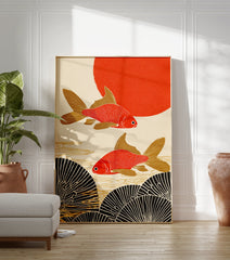 Japanese Goldfish Poster with two red and gold fish swimming above black fan patterns, with a red sun in the background. - Image 3