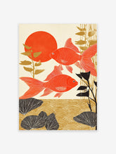 Japanese goldfish poster featuring two vibrant red fish, a large red sun, and golden/black aquatic plants in an Ukiyo-e style.