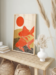 Japanese Goldfish poster featuring two red koi fish swimming under a red sun with golden waves - Image 4