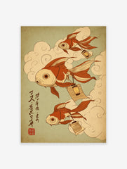 Japanese Ukiyo-e style goldfish wall art print with three orange fish, clouds, lanterns, and calligraphy on a green background.