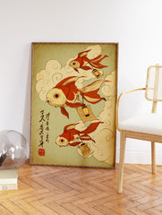 Japanese Ukiyo-e style goldfish wall art print with three orange fish, clouds, lanterns, and calligraphy on a green background. - Image 2