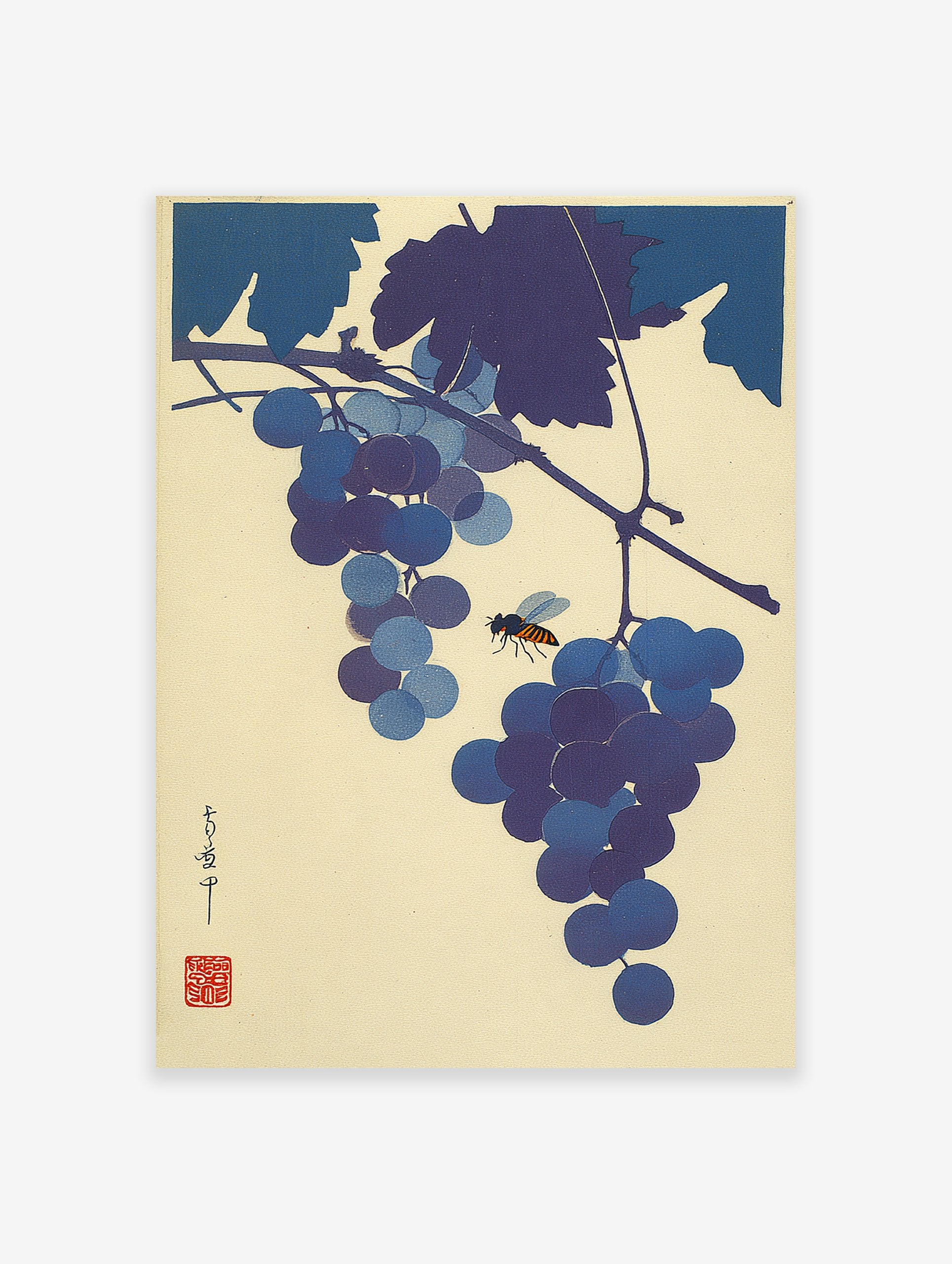 Japanese woodblock print showing blue and purple grapes with a bee, botanical Ukiyo-e style wall art.