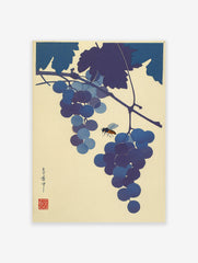 Japanese woodblock print showing blue and purple grapes with a bee, botanical Ukiyo-e style wall art.