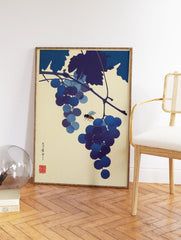 Japanese woodblock print showing blue and purple grapes with a bee, botanical Ukiyo-e style wall art. - Image 2