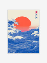 Japanese Great Wave art print with blue ocean waves, white foam, and a large red sun
