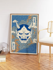 Japanese Hannya mask art print in blue and cream with orange lightning and swirling clouds in Ukiyo-e style. - Image 2