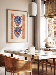 Japanese Hannya mask illustration with blue demon faces, red horns and red kanji borders on, in a styled room mockup