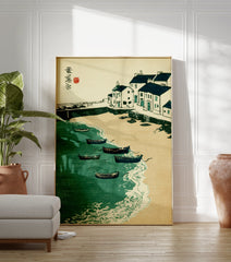 Japanese Harbor Print showing a coastal village with boats, sandy beach, and green water in woodblock style with calligraphy. - Image 3