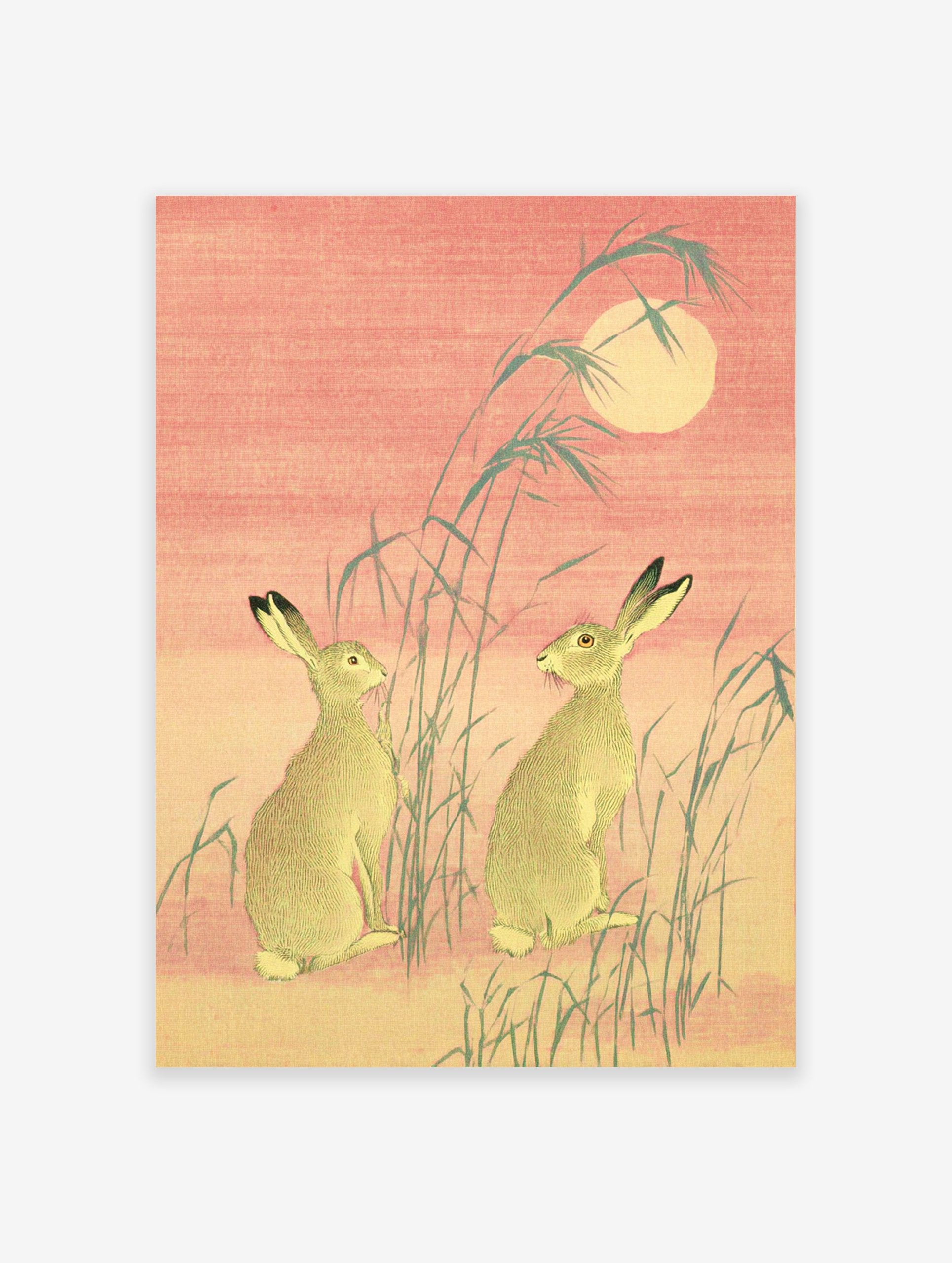 Japanese Hare Art print featuring two hares, moon, and reeds in traditional Ukiyo-e style with pink and green tones.