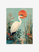 Japanese Heron Art Print featuring a white egret in a marsh with green foliage, red flowers, a red sun, and teal sky.