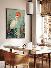 Japanese Heron Art Print featuring a white egret in a marsh with green foliage, red flowers, a red sun, and teal sky. - Image 2