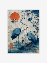 Japanese heron poster with blue birds, orange sun, and white cherry blossoms in a traditional Asian art style.