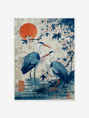 Japanese heron poster with blue birds, orange sun, and white cherry blossoms in a traditional Asian art style.