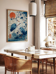 Japanese heron poster with blue birds, orange sun, and white cherry blossoms in a traditional Asian art style. - Image 2