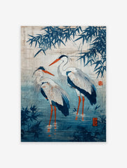 Japanese Heron Poster featuring two blue herons wading in water with bamboo leaves in traditional Ukiyo-e style.