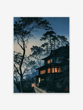 Japanese house art print at twilight with glowing windows, silhouetted pine trees, and a winding path
