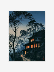 Japanese house art print at twilight with glowing windows, silhouetted pine trees, and a winding path