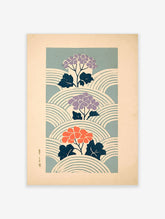 Japanese hydrangea art print with purple and coral flowers on a blue wave pattern background