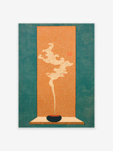 Japanese Incense Art print showing an incense stick burning in a dark bowl with stylized white smoke on an orange background with a teal border.