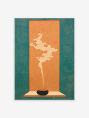 Japanese Incense Art print showing an incense stick burning in a dark bowl with stylized white smoke on an orange background with a teal border.