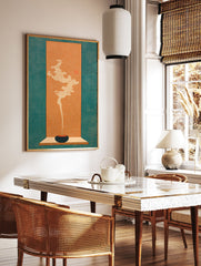 Japanese Incense Art print showing an incense stick burning in a dark bowl with stylized white smoke on an orange background with a teal border. - Image 2